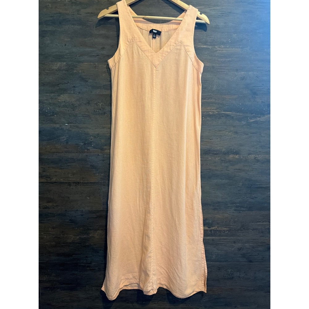 DKNY Peach Linen Blend V-Neck Maxi Dress Sleeveless Side Slit XS P41C8FZK